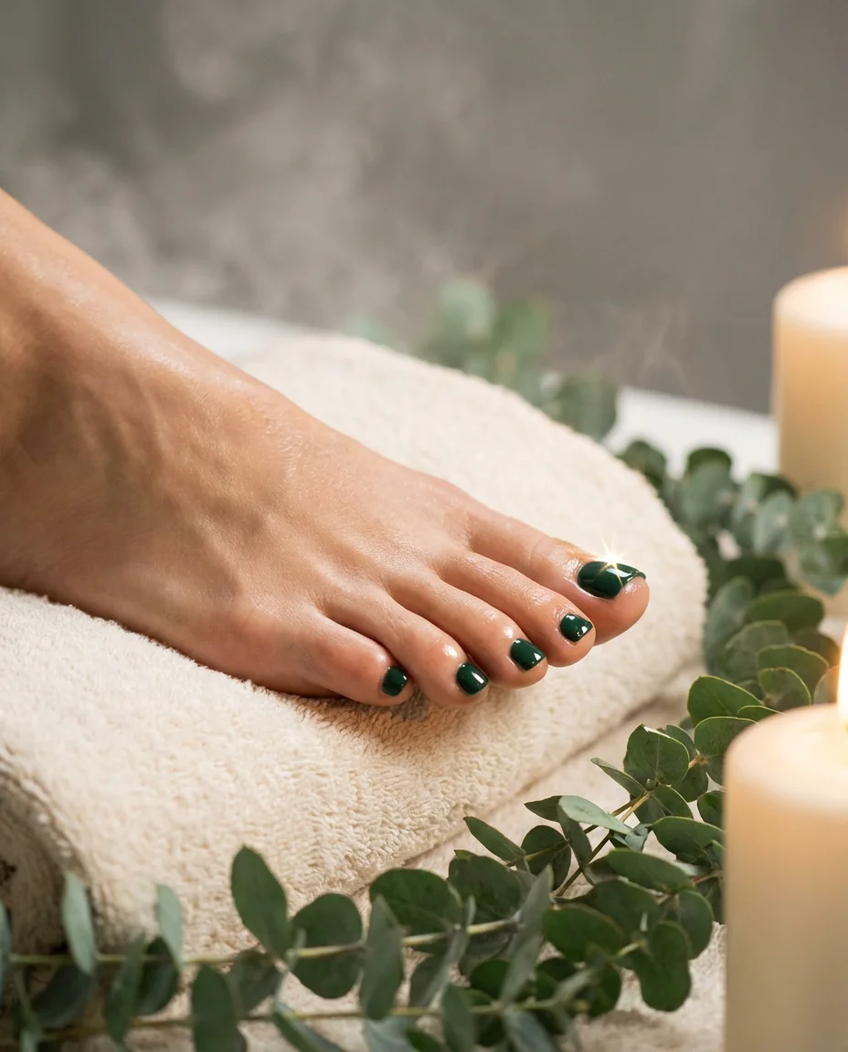 Russian almond sculpted nails in moody forest green